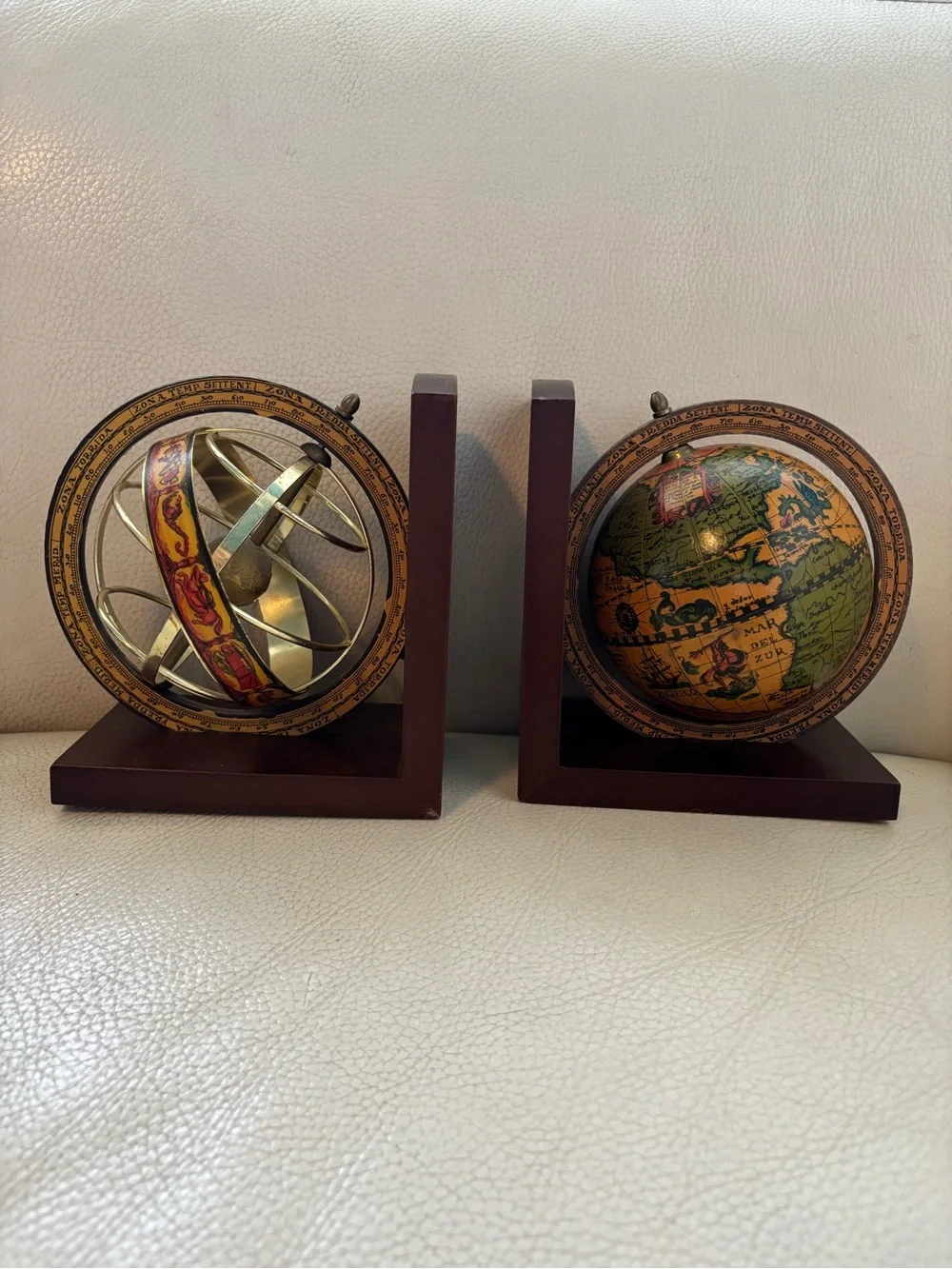 Vintage Brass and Brown Globe Bookends - Decorative Home Wall Decor